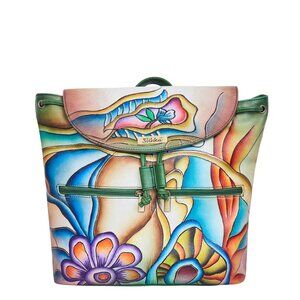 Hand-Painted Leather Backpack for Women– Daypack & Flap Drawstring Closure